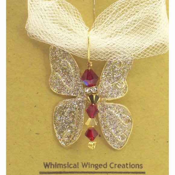 Artisan Whimsical Winged Butterfly Pendant Swarovski Red Gold Crystal Necklace - Picture 8 of 12